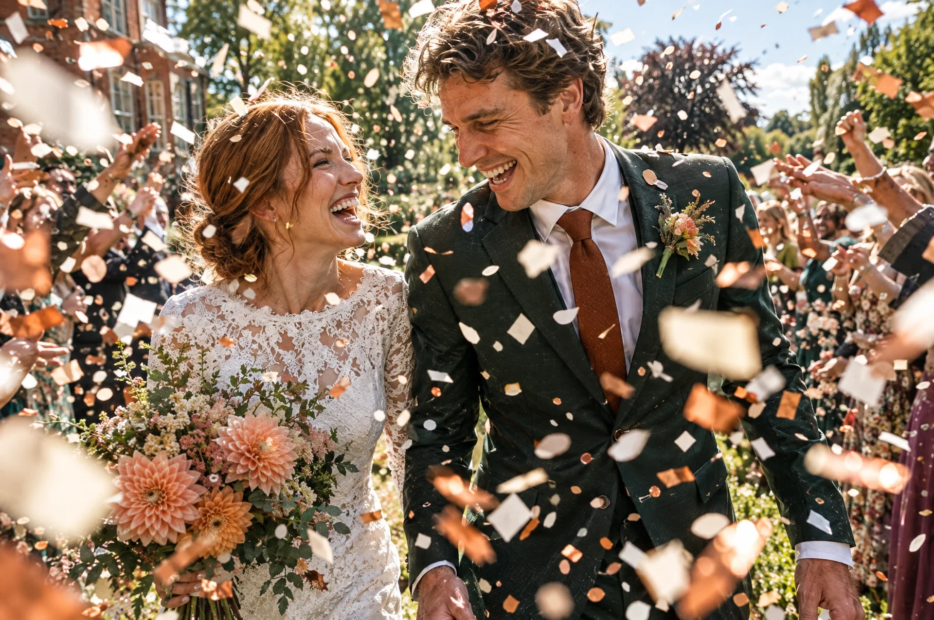 A joyful wedding couple surrounded by falling confetti
