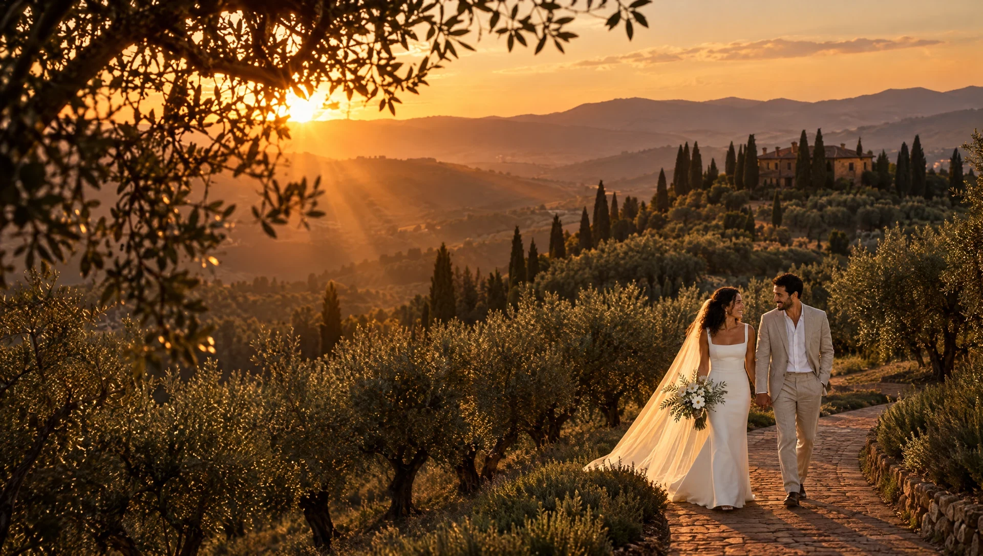 A wedding couple together in the evening light
