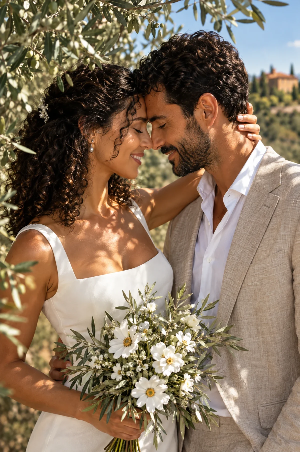 Jeremy and Cindy sharing a quiet embrace among olive branches