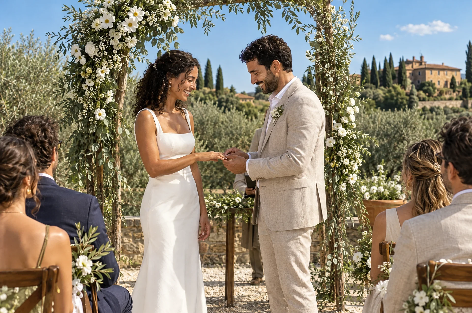 Jeremy and Cindy exchanging vows in an outdoor ceremony