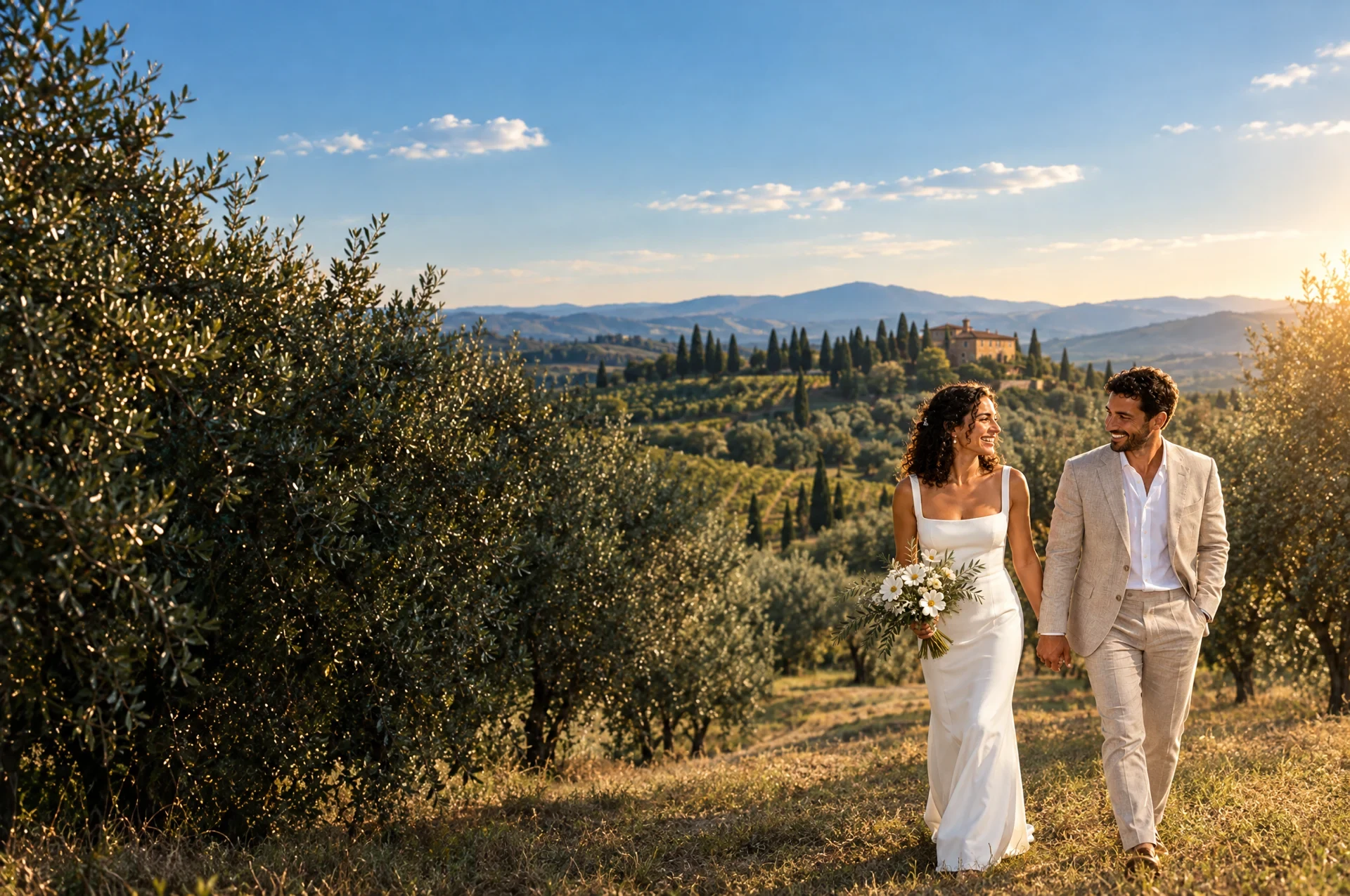 Jeremy and Cindy walking through the sunlit countryside