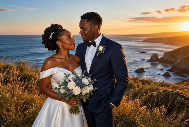 Leroy and Pearl together on a coastal path at sunset