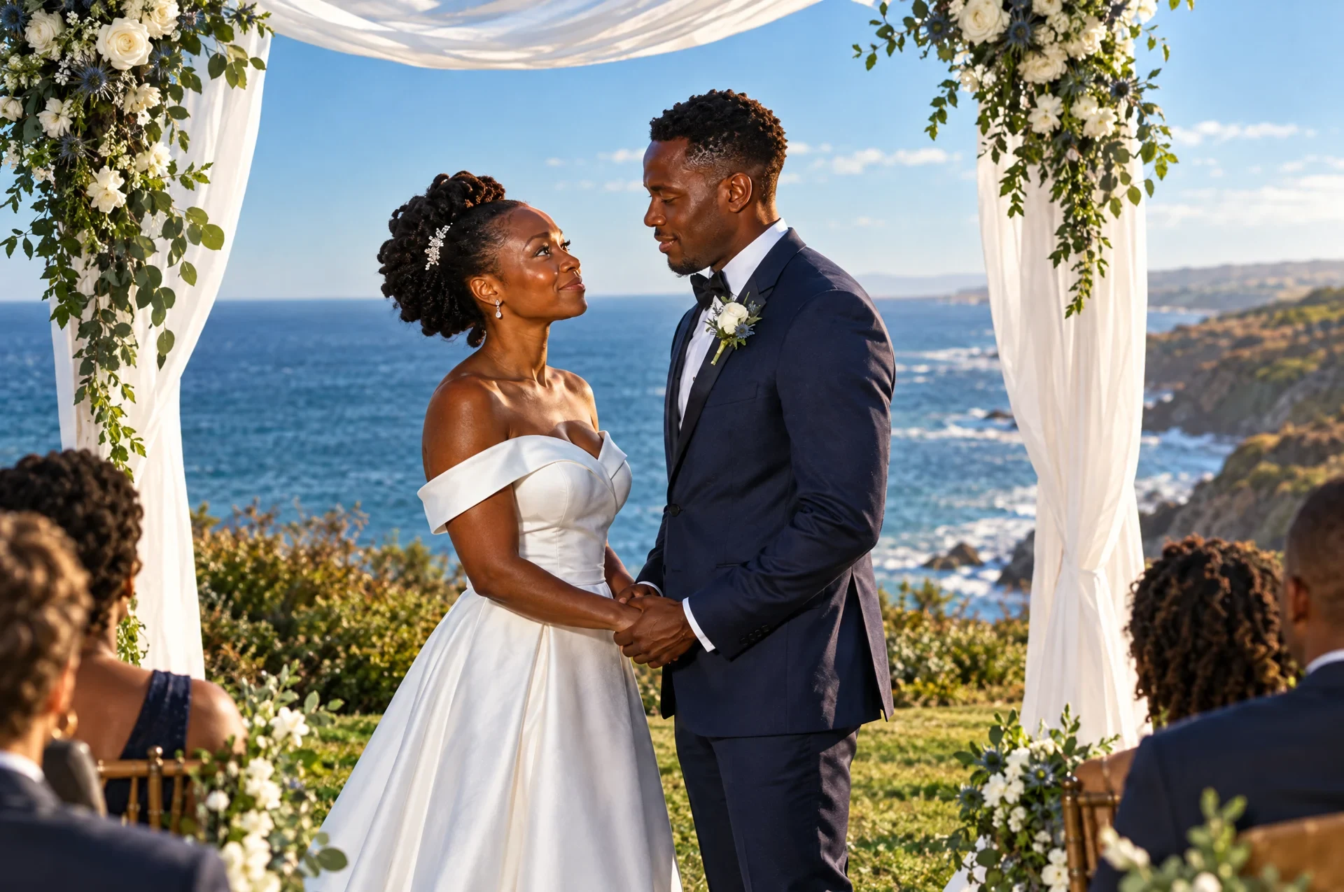 Leroy and Pearl exchanging vows beneath a floral arch beside the sea