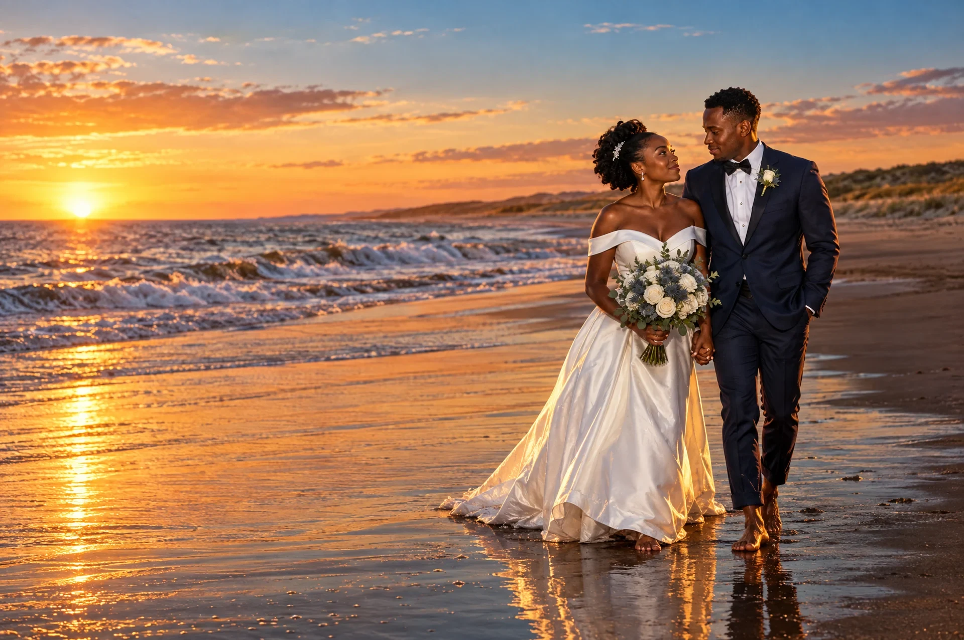 Leroy and Pearl standing at the water’s edge at sunset