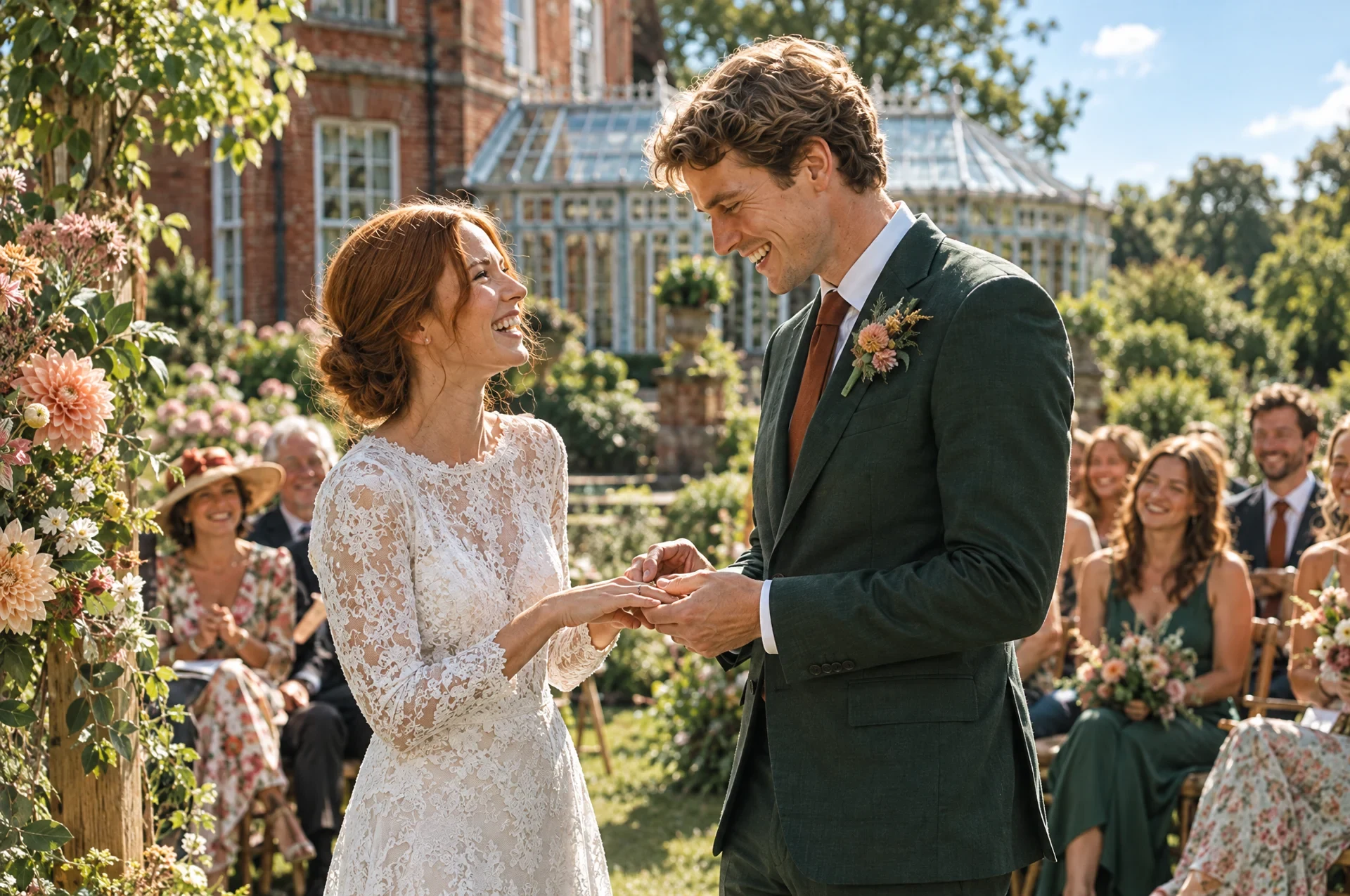 Peter and Erin exchanging vows in a garden ceremony