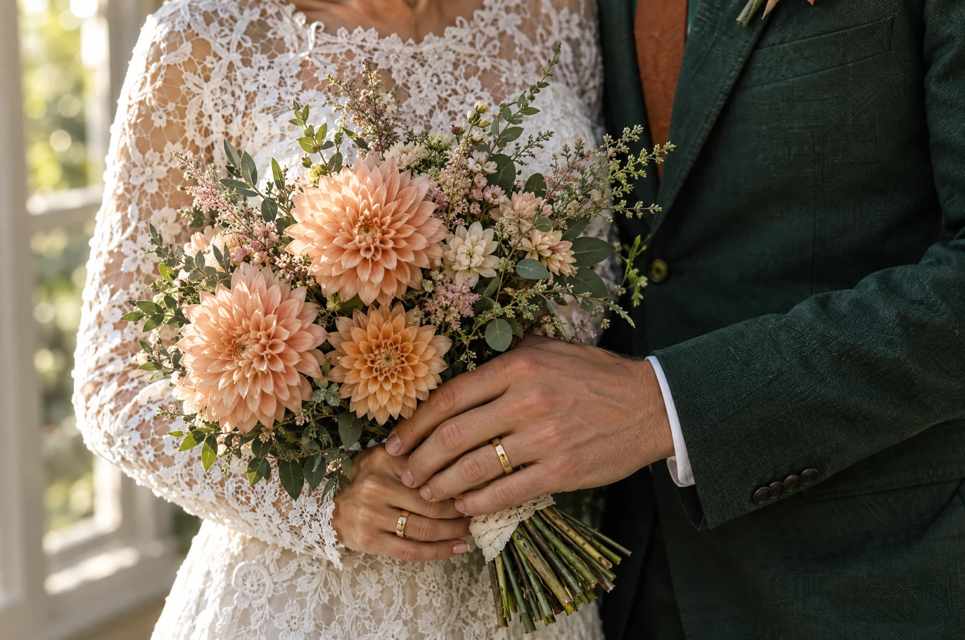 A close view of Erin’s peach and cream wedding bouquet