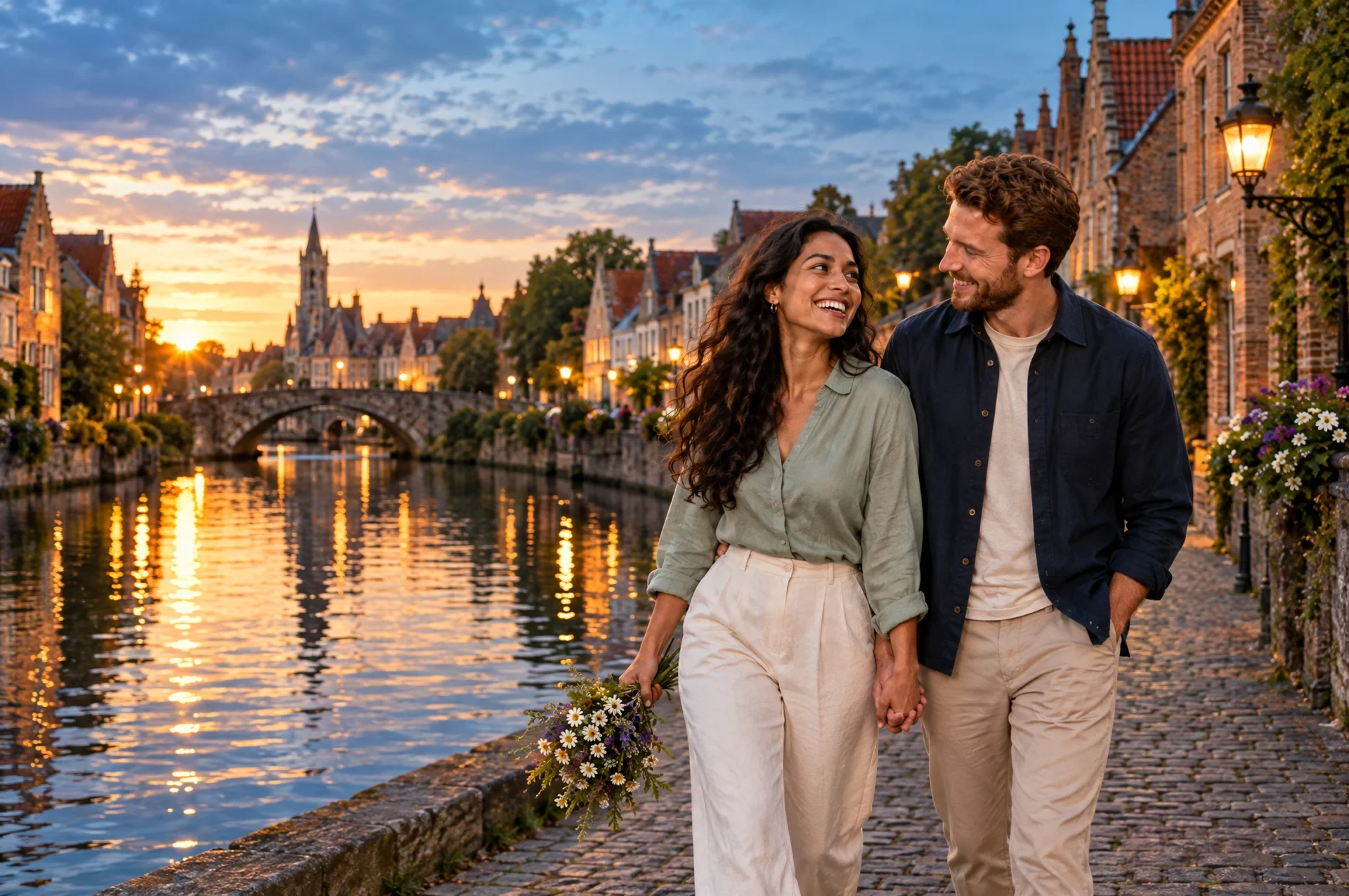 Dwight and Angela walking beside the canal at sunset